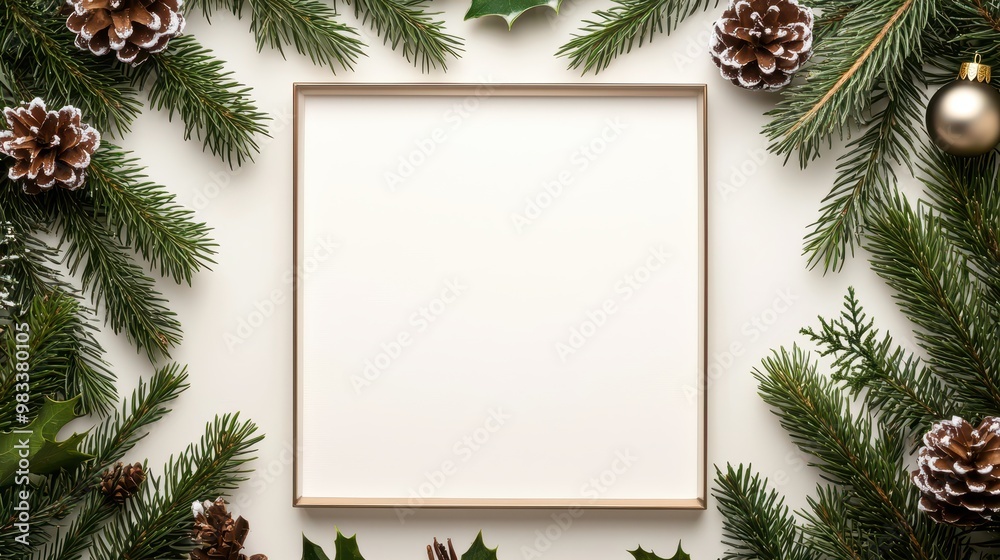 Fototapeta premium Christmas Mockup with Pine Branches Pine Cones and Gold Ornament