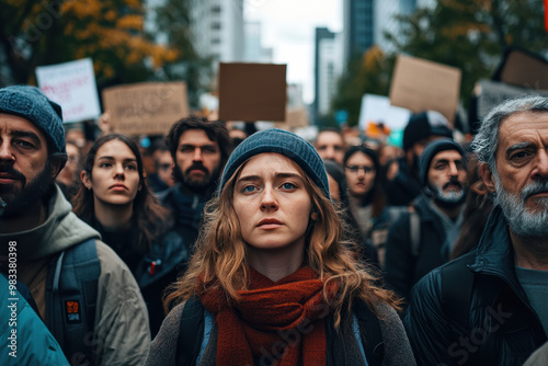 An image of a woman standing in the middle of a large protest crowd. She is wearing a blue knit hat and a red scarf.