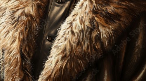 Close-up of a fur collar on a brown jacket.