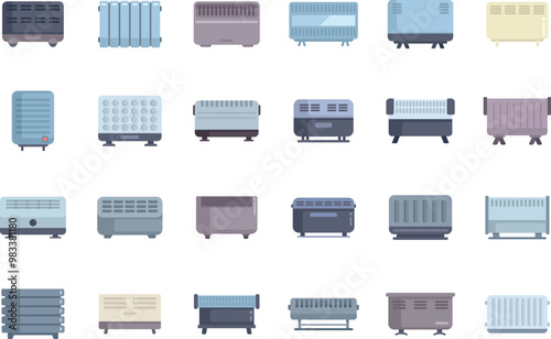 Collection of different heaters for heating home providing warmth in cold season, isolated on white background
