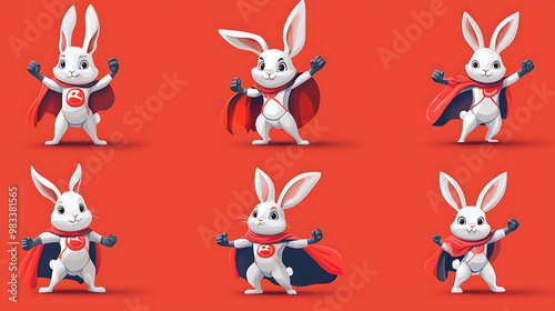 Six cute, cartoon white rabbits wearing red capes with a white "R" on their chest.