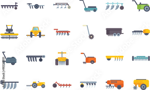 Set of colorful icons depicting various agricultural machines used for cultivating and tilling the soil, essential for preparing the land for a successful harvest