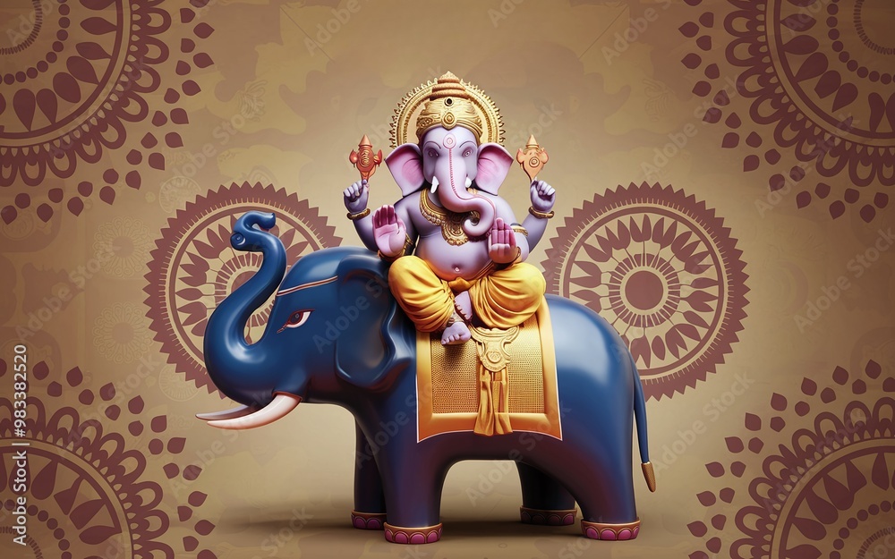 Fototapeta premium A 3D rendering of Lord Ganesha, the Hindu god of wisdom and prosperity, sitting on an elephant against a background of ornate mandalas. Generative-AI