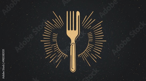 A simple golden fork illustration with a sunburst on a black background.
