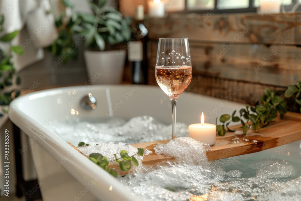 An image of a serene bathtub scene with a glass of sparkling rosé wine on a wooden bath tray. An image of a serene bathtub scene with a glass of sparkling rosé wine on a wooden bath tray.