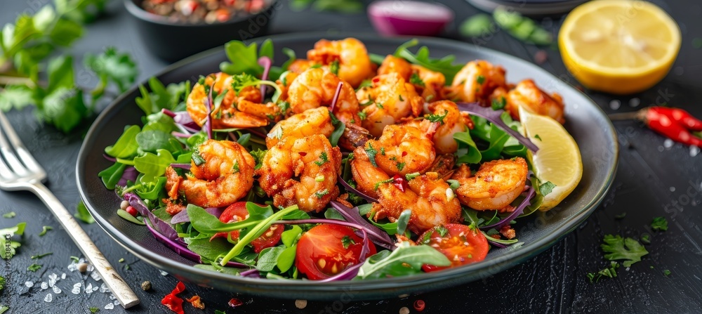 Spicy Garlic Butter Shrimp Scampi Salad, Healthy Balanced Eating Lunch Bowl On Dark Background