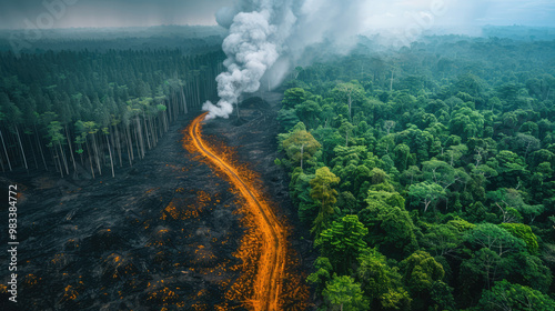 An aerial view of a deforested area next to a lush forest, highlighting the impact of deforestation