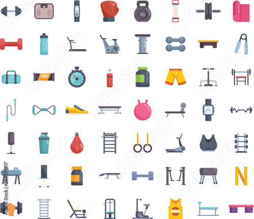 Colorful vector icons representing a variety of fitness and gym equipment for a healthy lifestyle