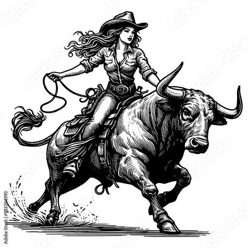 Pin-up woman bull cowgirl in full rodeo action, riding bull with a lasso sketch engraving generative ai fictional character PNG illustration. Scratch board imitation. Black and white image.