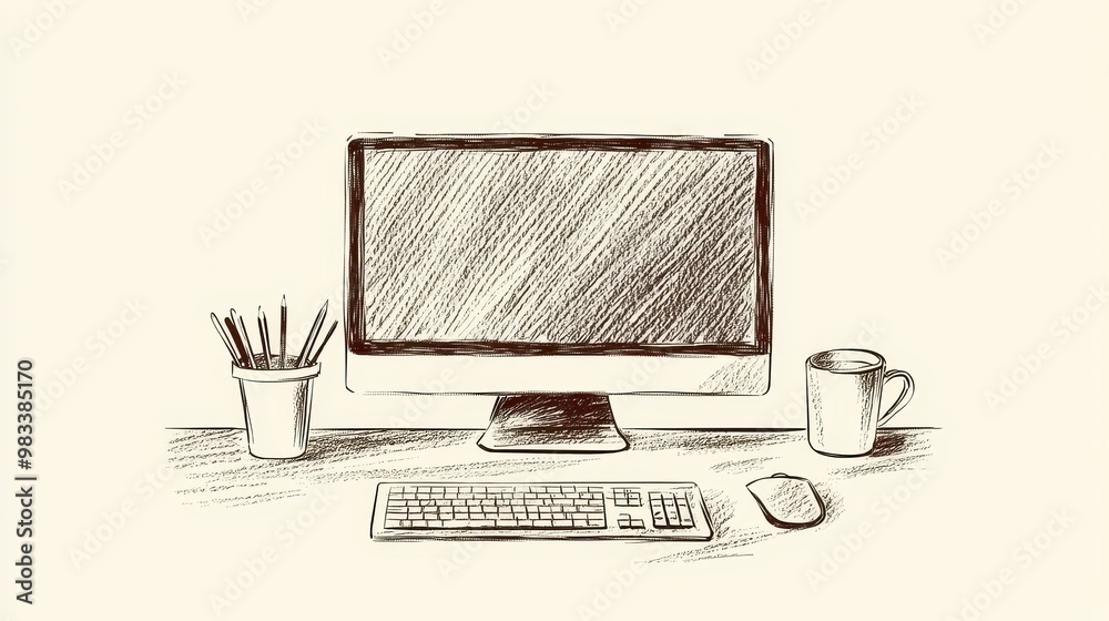 Hand Drawn Sketch of a Computer Desktop with Pencil Holder Keyboard ...