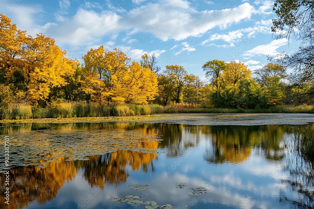 Golden Fall foliage reflected in calm lake water with blue sky and clouds Golden Fall foliage reflected in calm lake water with blue sky and clouds