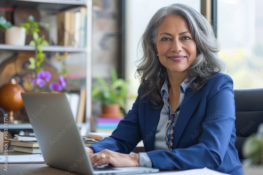Happy smiling middle aged professional business woman company executive ceo manager wearing blue suit sitting at desk in office working on laptop computer