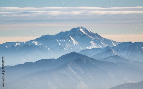 A majestic snow-capped mountain peak rising above a range of misty, blue mountains under a clear sky. Generative-Ai