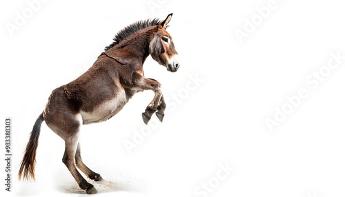 donkey, mule or wild jack ass - Equus africanus asinus - a domesticated equine and used mainly as work, draught or pack animals. cute full body looking at camera, isolated on white background. reared photo