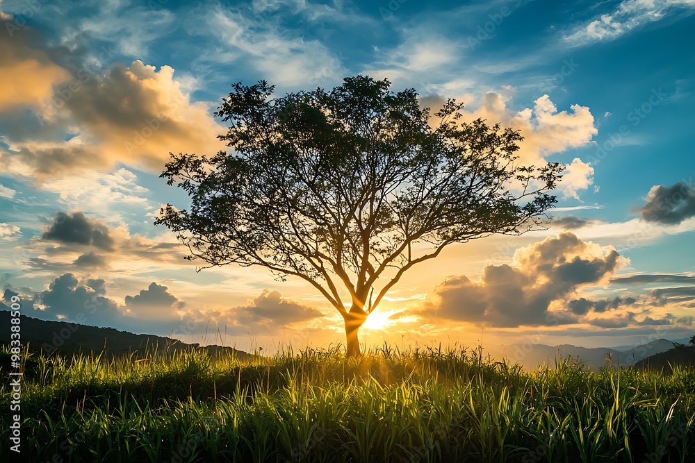 Fototapeta premium Silhouetted tree on a hill at sunset with vibrant clouds in the sky
