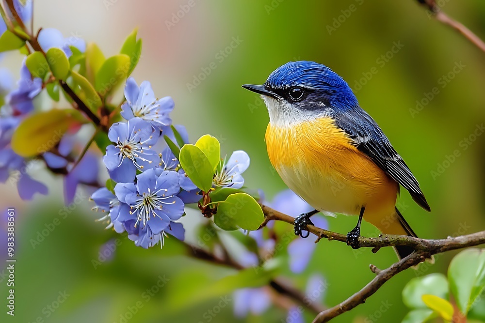 Obraz premium Blue and Yellow Bird Perched on Branch with Purple Flowers