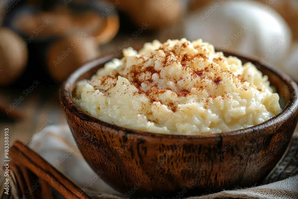 Creamy Rice Pudding with Cinnamon in a Wooden Bowl Creamy Rice Pudding with Cinnamon in a Wooden Bowl