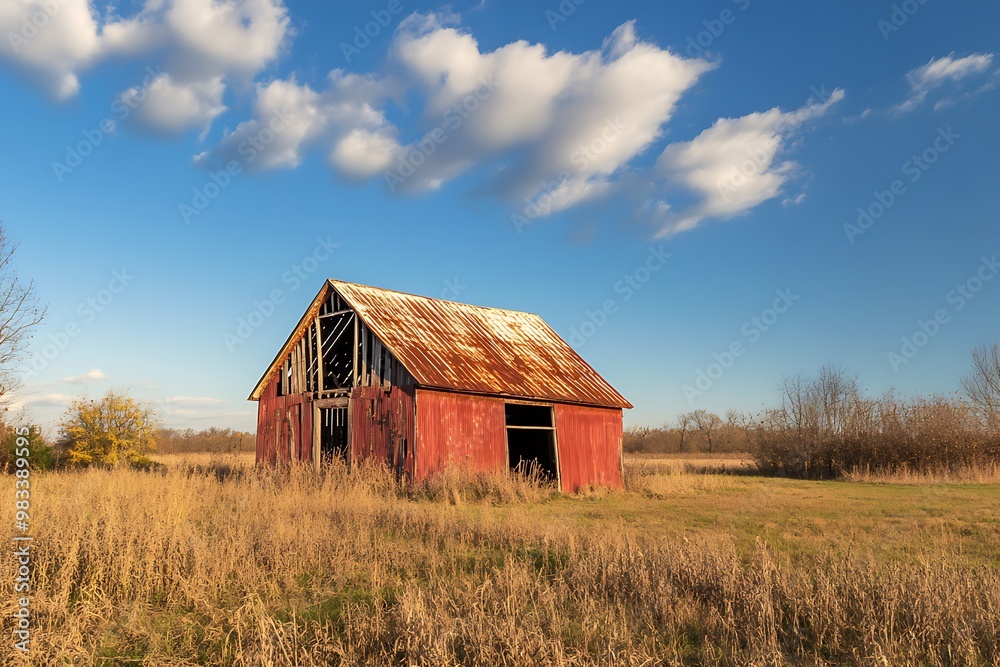 Rusty red barn in a field with blue sky and clouds. Rural landscape photography Rusty red barn in a field with blue sky and clouds. Rural landscape photography