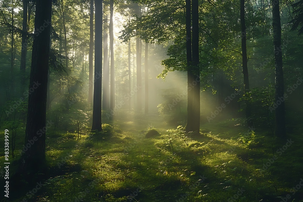Fototapeta premium Sunlight streaming through trees in a misty forest