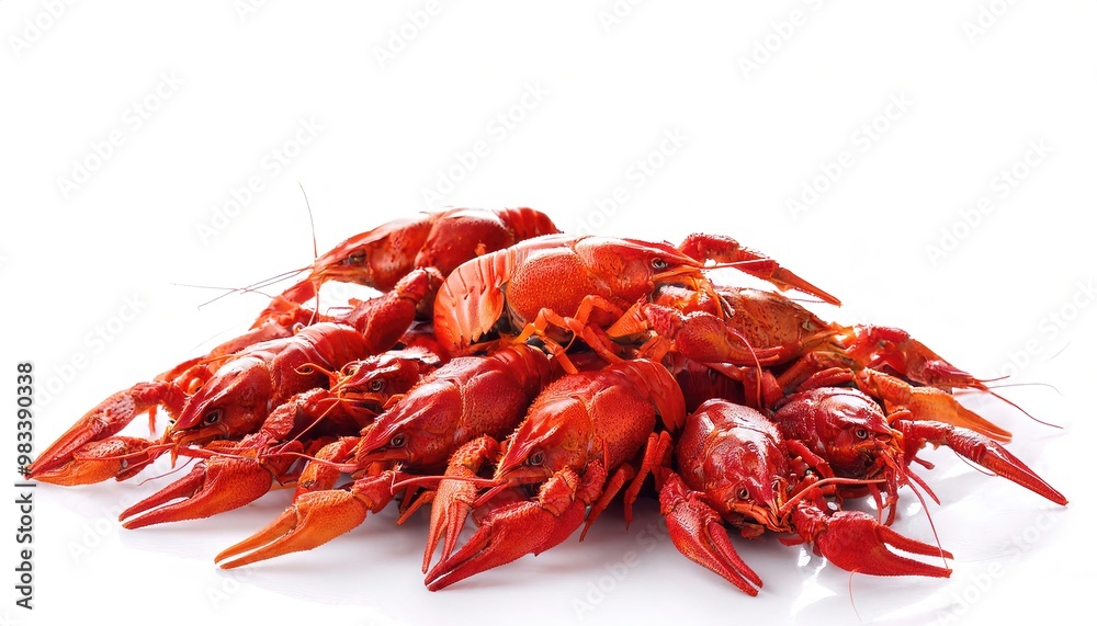 red boiled or steamed crawdad, crawfish or crayfish live in freshwater habitats and are a common seafood item popular in Louisiana Boils served with corn, potatoes and spices. Isolated on white red boiled or steamed crawdad, crawfish or crayfish live in freshwater habitats and are a common seafood item popular in Louisiana Boils served with corn, potatoes and spices. Isolated on white