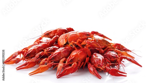 red boiled or steamed crawdad, crawfish or crayfish live in freshwater habitats and are a common seafood item popular in Louisiana Boils served with corn, potatoes and spices. Isolated on white