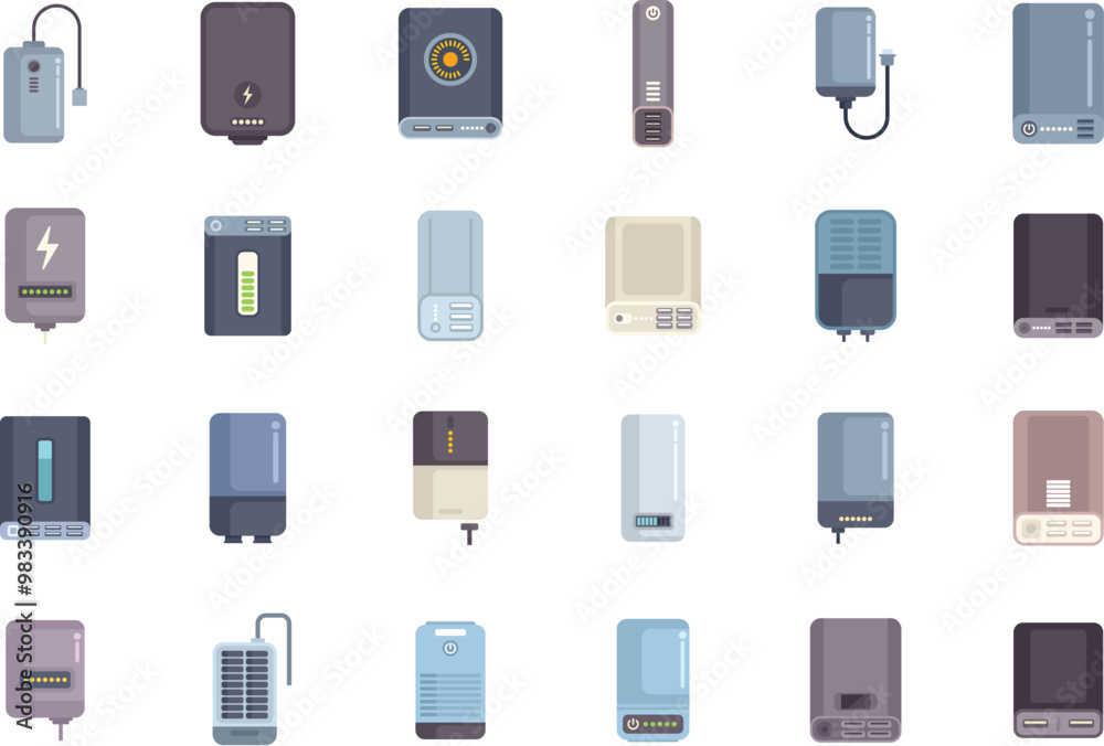 Large set of power bank icons in a variety of colors and styles, showing different battery levels Large set of power bank icons in a variety of colors and styles, showing different battery levels