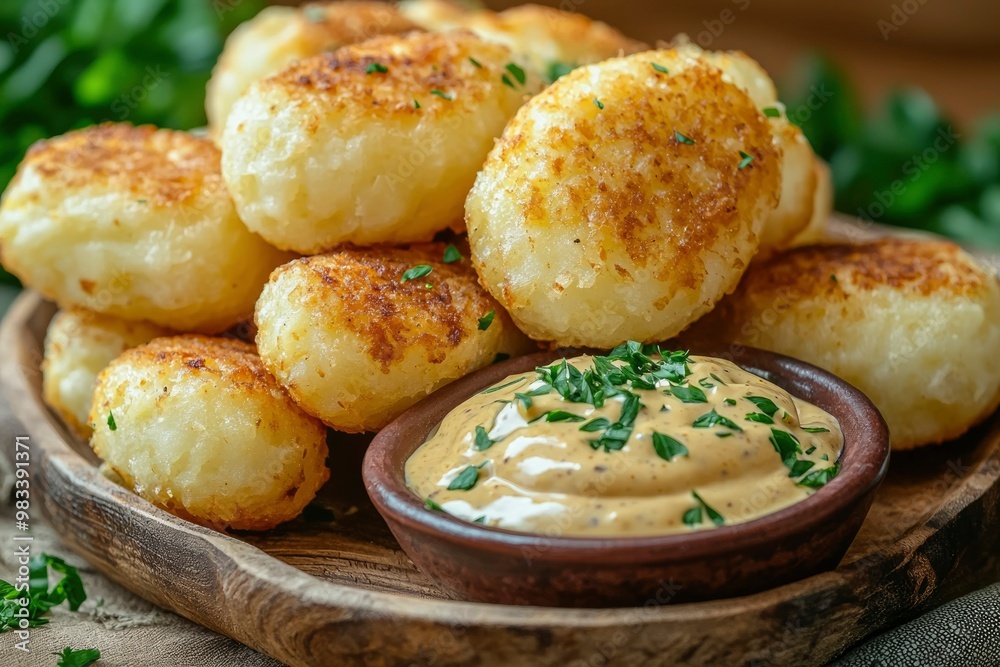Crispy Fried Potato Balls with Creamy Dip and Parsley Garnish Crispy Fried Potato Balls with Creamy Dip and Parsley Garnish