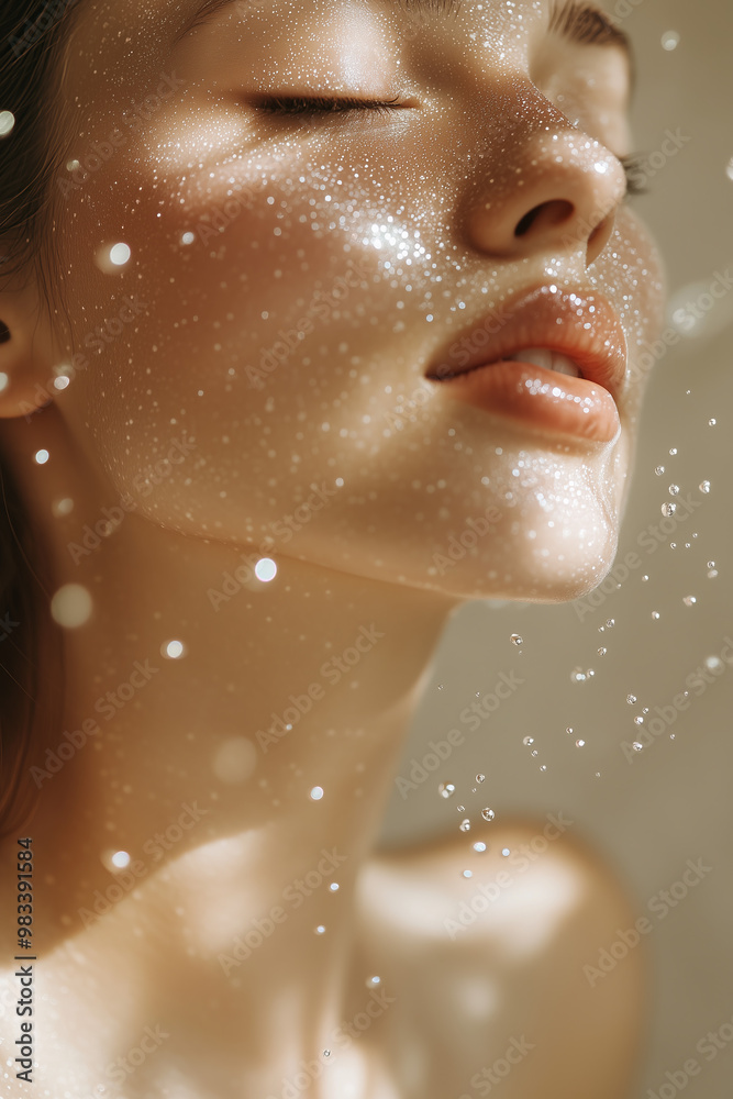 Beautiful beauty woman using hydrating facial serum molecules bubbles flying around as skincare routine. Beautiful beauty woman using hydrating facial serum molecules bubbles flying around as skincare routine.