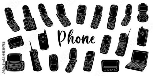 Black phones set. Mobile with buttons, phone with keypad, flip mobile, pager, beeper, cell phone, old telephone. Vector illustration.