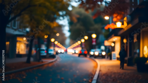 4K cozy blurred autumn season illustration with city street,lights etc. 