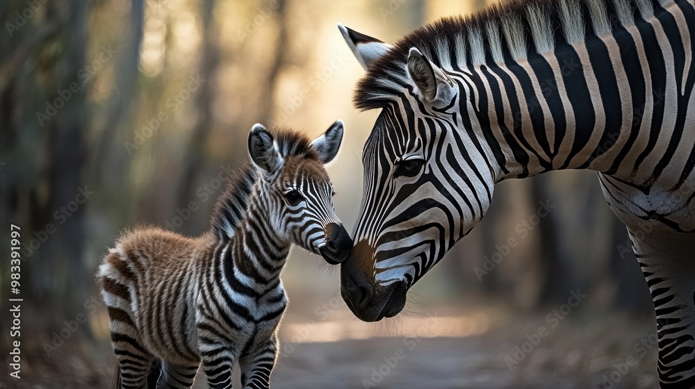 A heartwarming scene of a zebra and its young foal sharing a moment in a natural setting, This image can be used for wildlife publications, educational materials A heartwarming scene of a zebra and its young foal sharing a moment in a natural setting, This image can be used for wildlife publications, educational materials