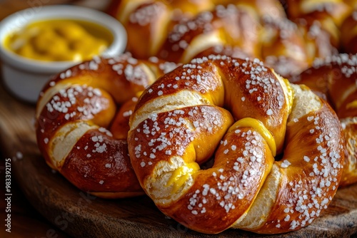 Close-up of Soft Pretzels with Salt and Mustard