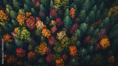 An aerial view of a forest with vibrant fall foliage.