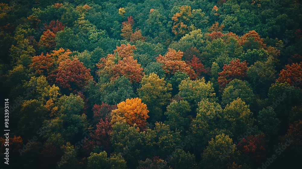 Aerial view of a dense forest with fall foliage. Aerial view of a dense forest with fall foliage.