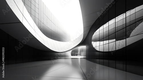 Modern architecture with curved ceiling and reflective walls creates an abstract design.