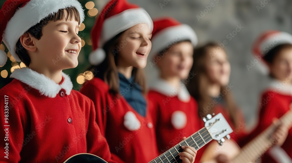 Fototapeta premium A family playing Christmas music together, with one playing the guitar and others singing, family, Christmas music, guitar