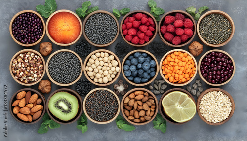 Health food for fitness concept with fruit, vegetables, pulses, herbs, spices, nuts, grains and pulses. High in anthocyanins, antioxidants, smart carbohydrates, omega 3, minerals and vitamins. 