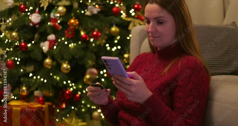 Woman holding smartphone and credit card next to decorated Christmas tree