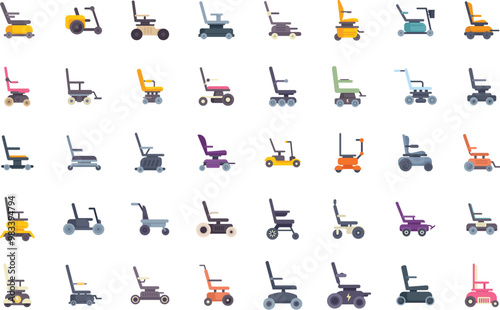This set of electric wheelchair icons is representing various types of mobility aids, emphasizing accessibility and independence for people with disabilities