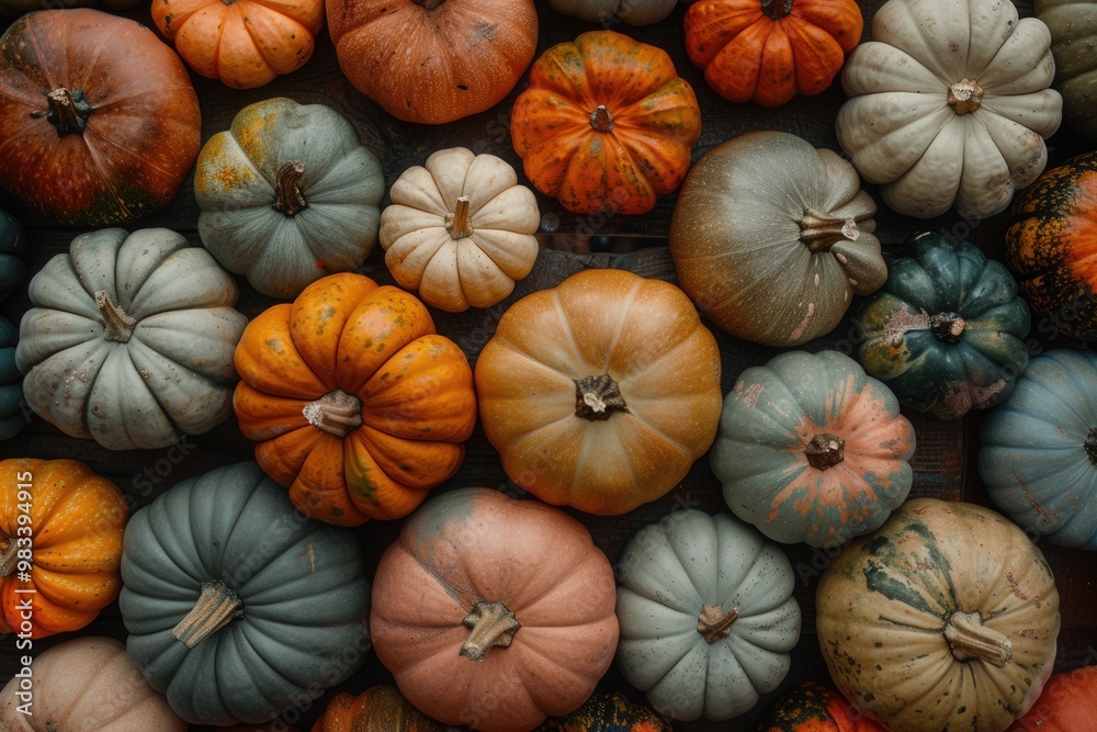 A closeup view of variety of pumpkins in different colors and shapes, displayed on an old wooden table with rustic textures. A closeup view of variety of pumpkins in different colors and shapes, displayed on an old wooden table with rustic textures.