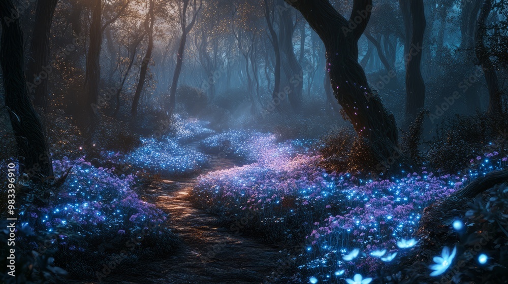 Fototapeta premium Enchanted Forest Pathway with Bioluminescent Flowers