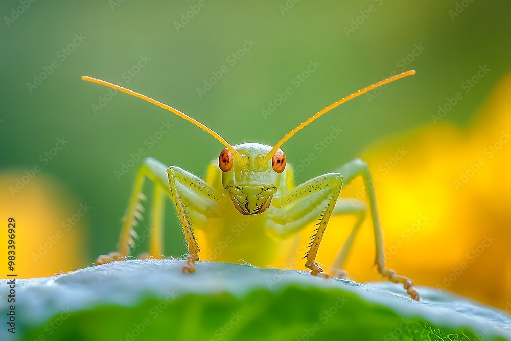 Close up of a green grasshopper with red eyes, looking directly at the camera, with a blurry green background. Close up of a green grasshopper with red eyes, looking directly at the camera, with a blurry green background.