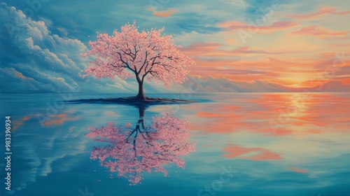 Serene Sunset with Cherry Blossom Reflections