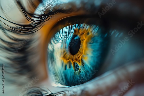 Close up macro photography of a human eye with blue and yellow iris