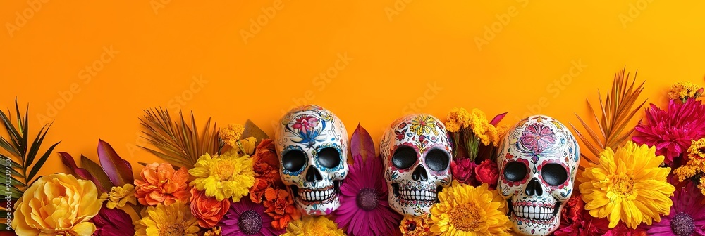Day of the dead calavera sugar skull with colorful flowers for 2024 holiday Day of the dead calavera sugar skull with colorful flowers for 2024 holiday