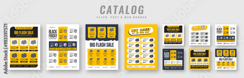 Supermarket product sale catalog flyer bundle with social media post, Web banner ads, Poster set for promotion, Advertising square banner & catalogue flyer