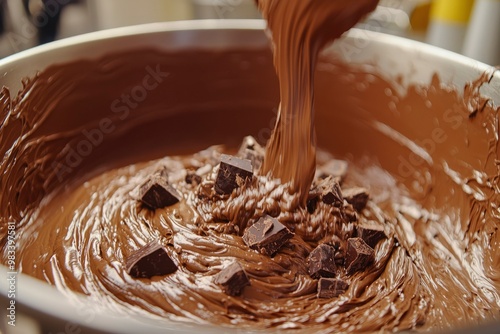 Melted Chocolate Being Poured into a Bowl with Chocolate Pieces photo