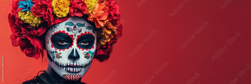 Day of the dead calavera sugar skull with colorful flowers for 2024 holiday Day of the dead calavera sugar skull with colorful flowers for 2024 holiday