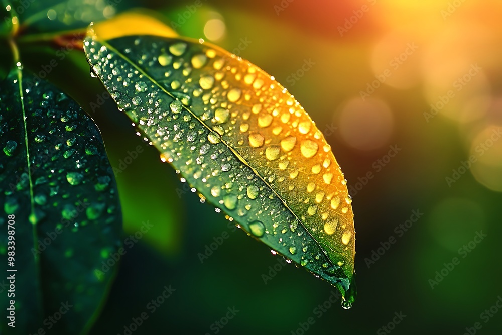 Dew Drops on Green Leaf with Sunlight Dew Drops on Green Leaf with Sunlight
