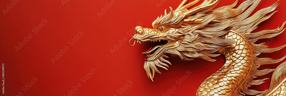 golden dragon, year of the dragon, solid red background, copy space golden dragon, year of the dragon, solid red background, copy space